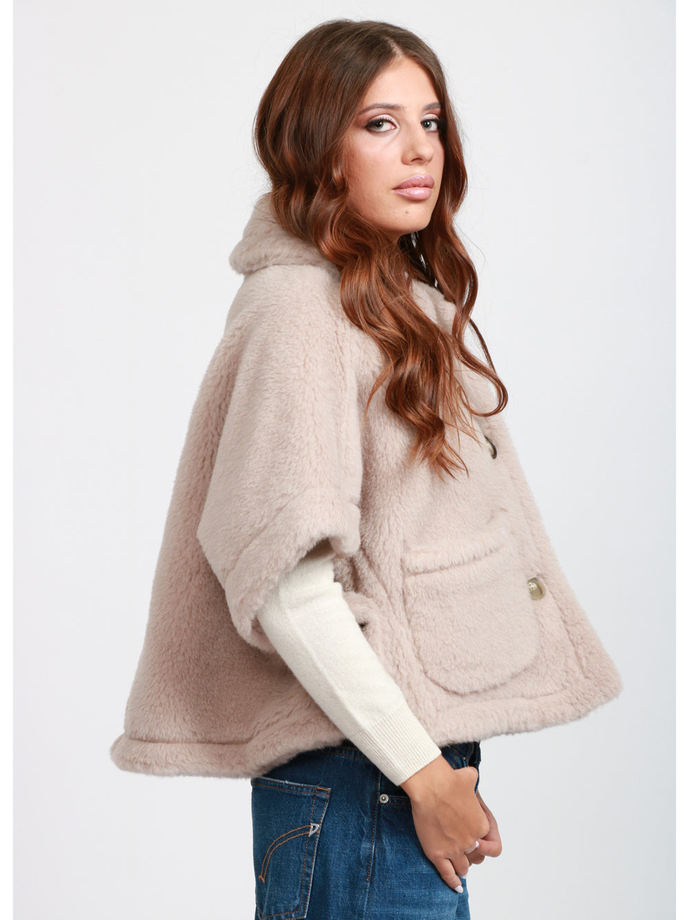 MAX MARA Cappa Newterzo in Teddy di Alpaca e Lana Beige Rosa Cipria