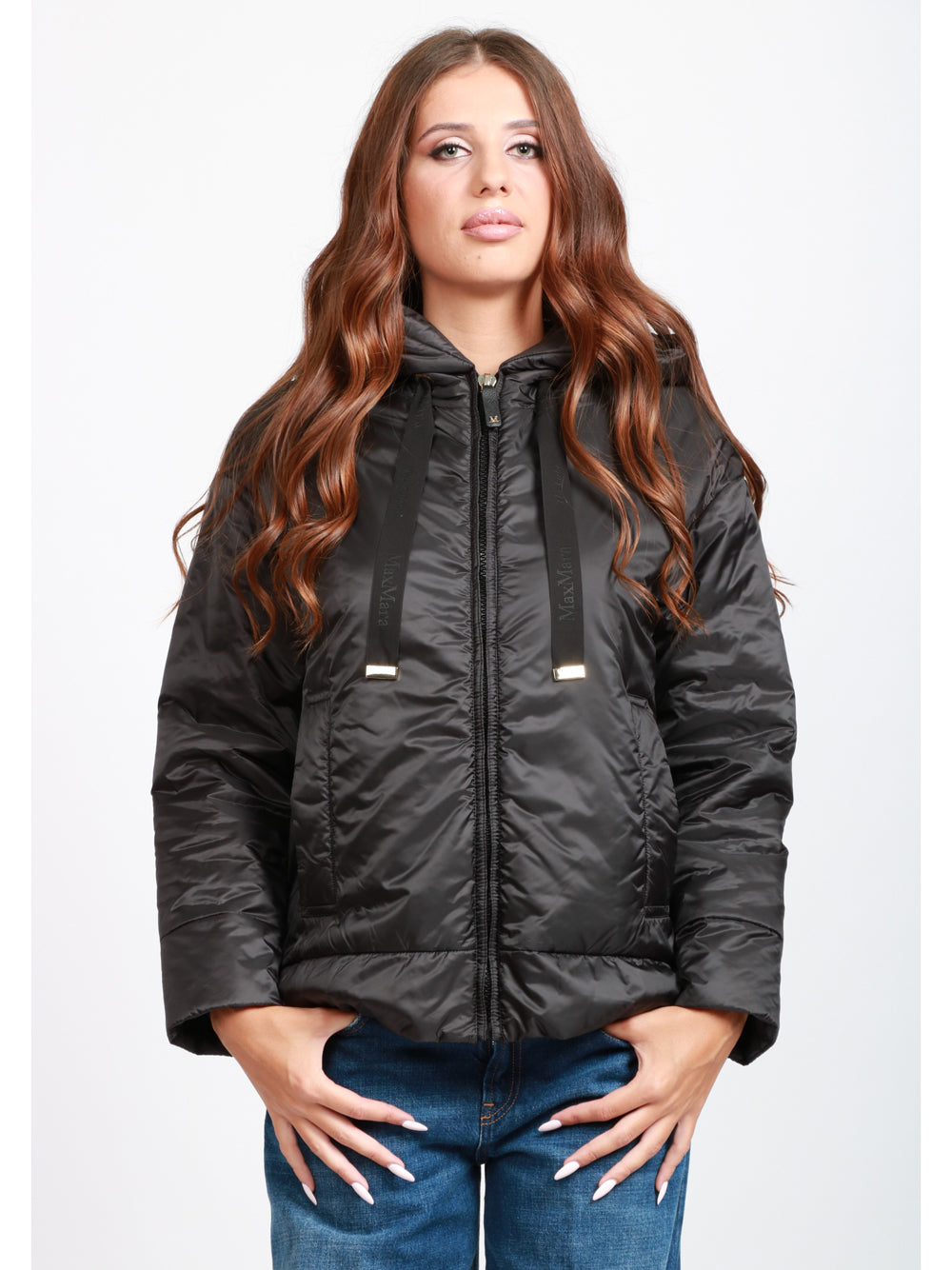 MAX MARA THE CUBE Giubbino Daria in Tela Antigoccia Nero con Cappuccio Nero