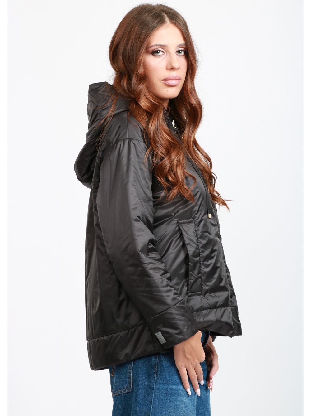 MAX MARA THE CUBE Giubbino Daria in Tela Antigoccia Nero con Cappuccio Nero