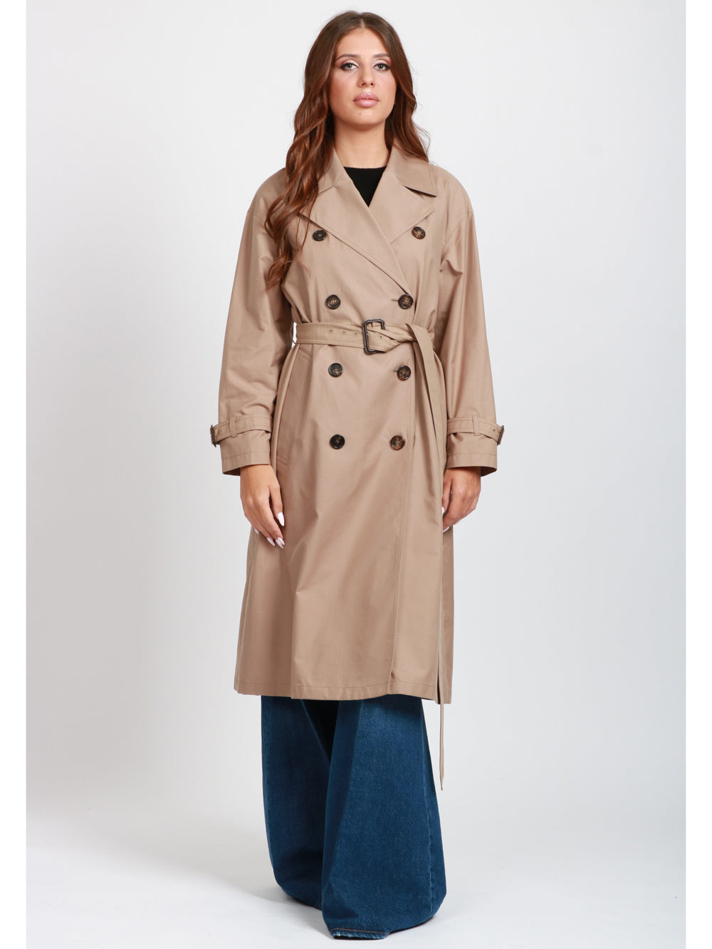 MAX MARA THE CUBE Trench Fiorito Lungo in Twill di Cotone Antigoccia Beige Camel