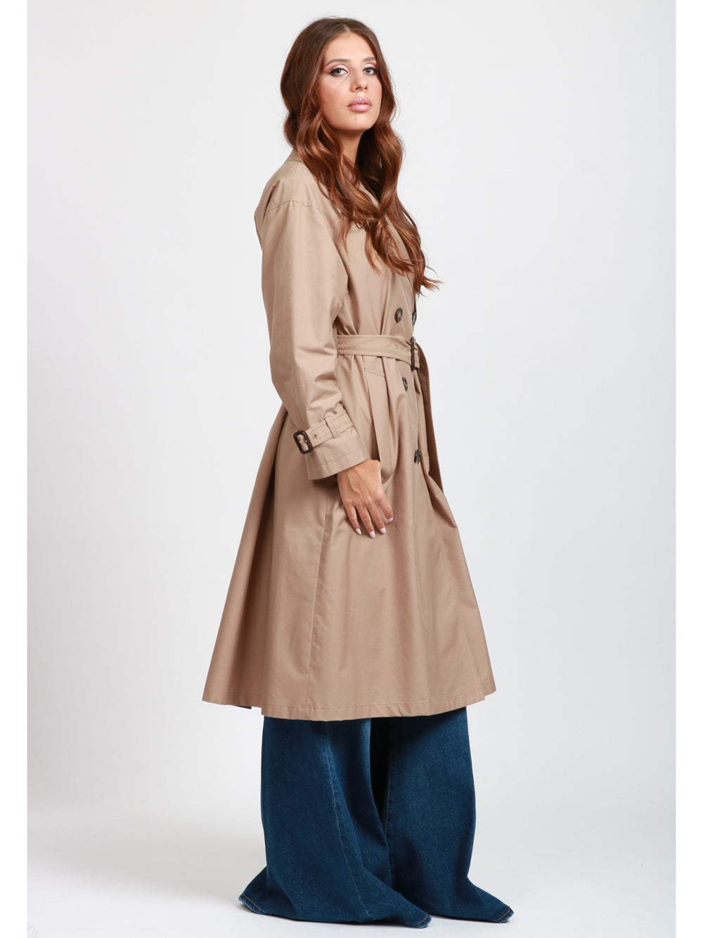 MAX MARA THE CUBE Trench Fiorito Lungo in Twill di Cotone Antigoccia Beige Camel