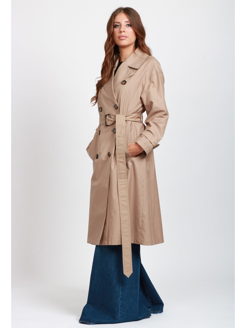 MAX MARA THE CUBE Trench Fiorito Lungo in Twill di Cotone Antigoccia Beige Camel