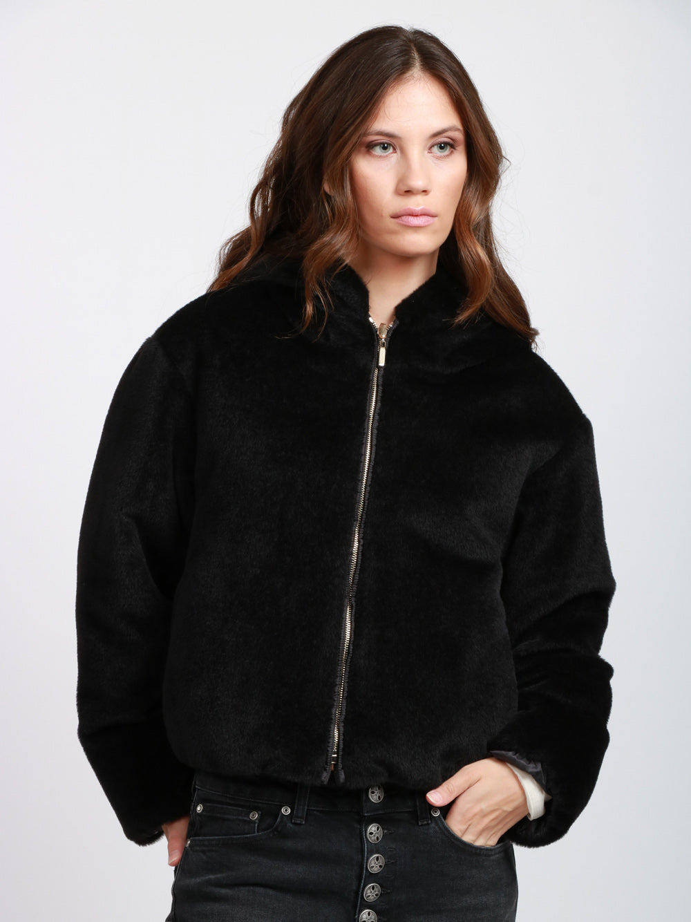 MAX MARA THE CUBE Piumino Teddy Olly Double Face Nero con Cappuccio Nero