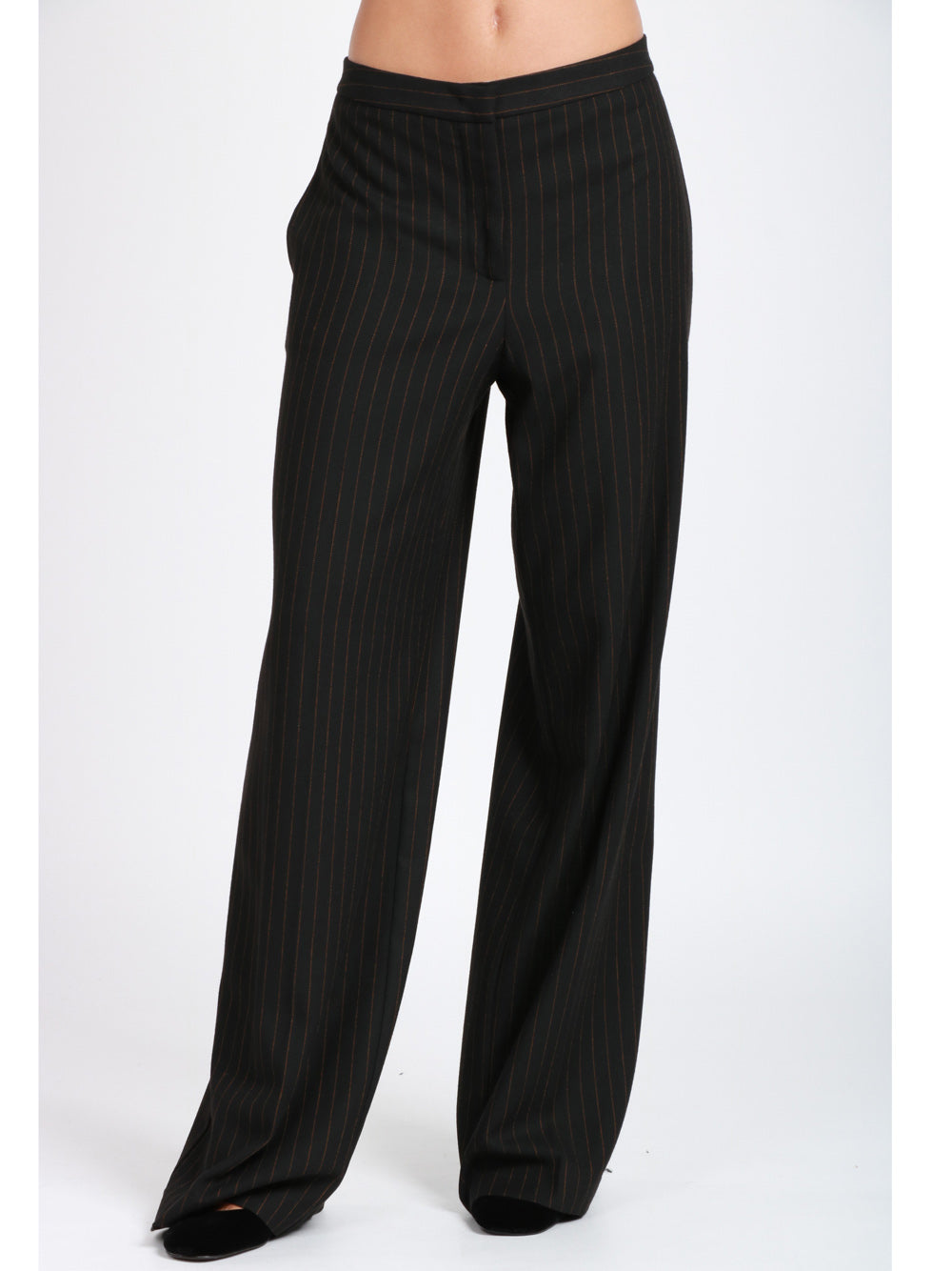 MERCI Pantaloni Palazzo in Fresco Lana Gessati Neri e Ruggine Nero