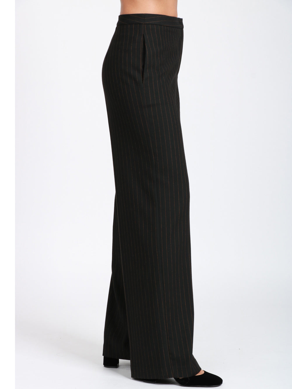 MERCI Pantaloni Palazzo in Fresco Lana Gessati Neri e Ruggine Nero