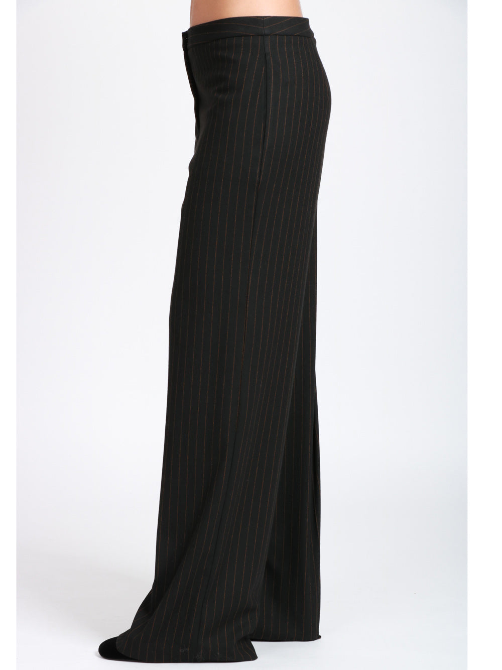 MERCI Pantaloni Palazzo in Fresco Lana Gessati Neri e Ruggine Nero