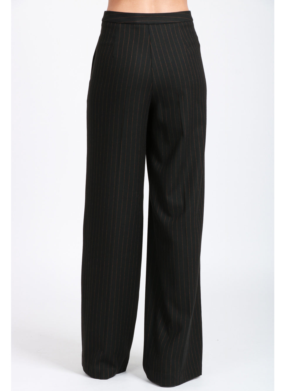 MERCI Pantaloni Palazzo in Fresco Lana Gessati Neri e Ruggine Nero