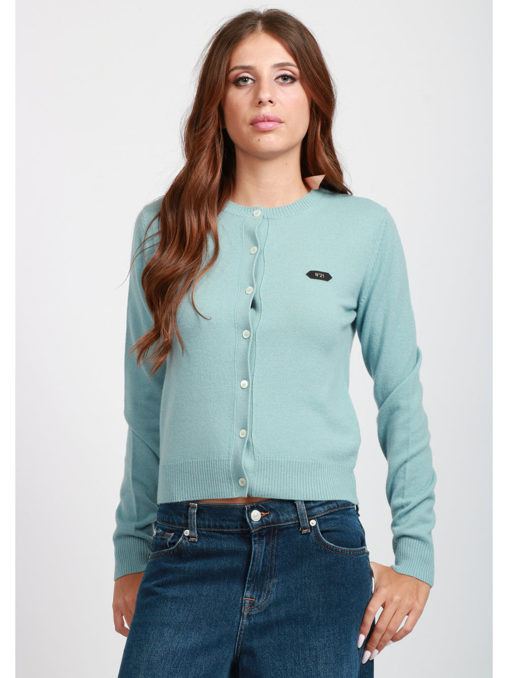 N°21 Cardigan in Lana Celeste Girocollo Polvere