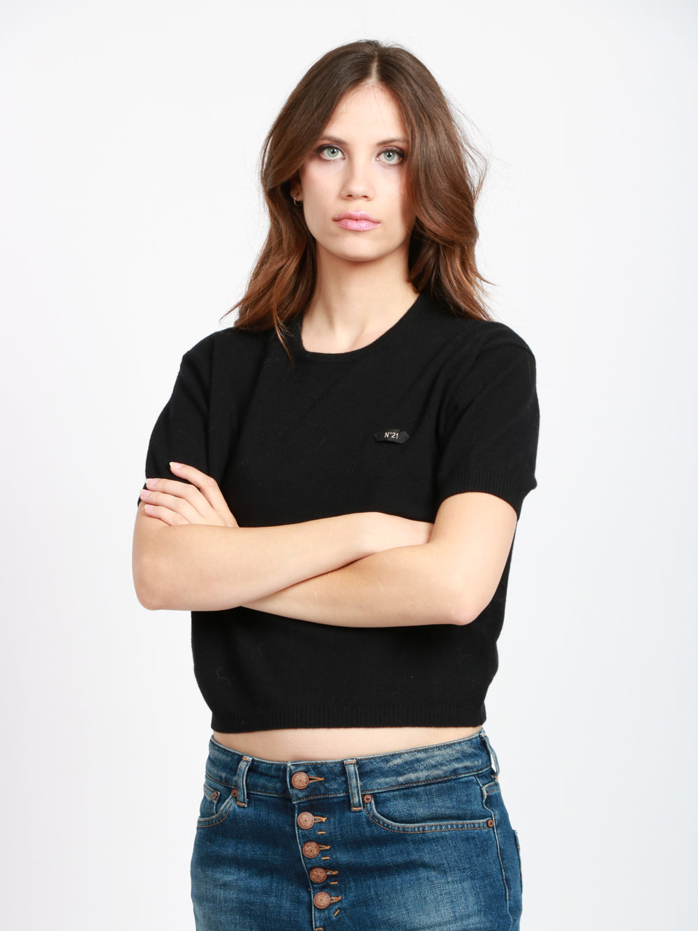 N°21 Maglia in Lana Nera Crop Girocollo Nero