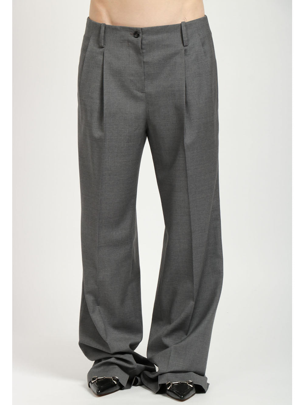 N°21 Pantaloni in Fresco di Lana Grigi scuro con Pinces Gamba Dritta Grigio
