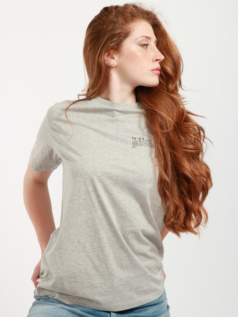 N°21 T-Shirt Girocollo in Cotone Grigia con Scritta Nera Grigio