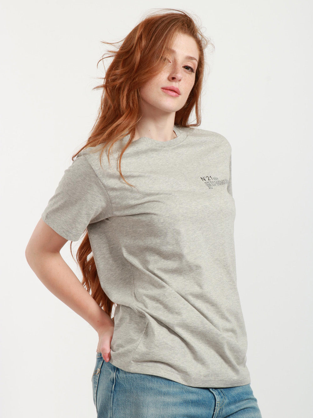 N°21 T-Shirt Girocollo in Cotone Grigia con Scritta Nera Grigio