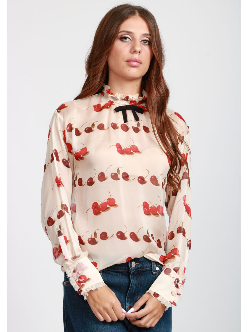 N°21 Blusa in Seta Avorio con Stampa Ciliegie Avorio rosso
