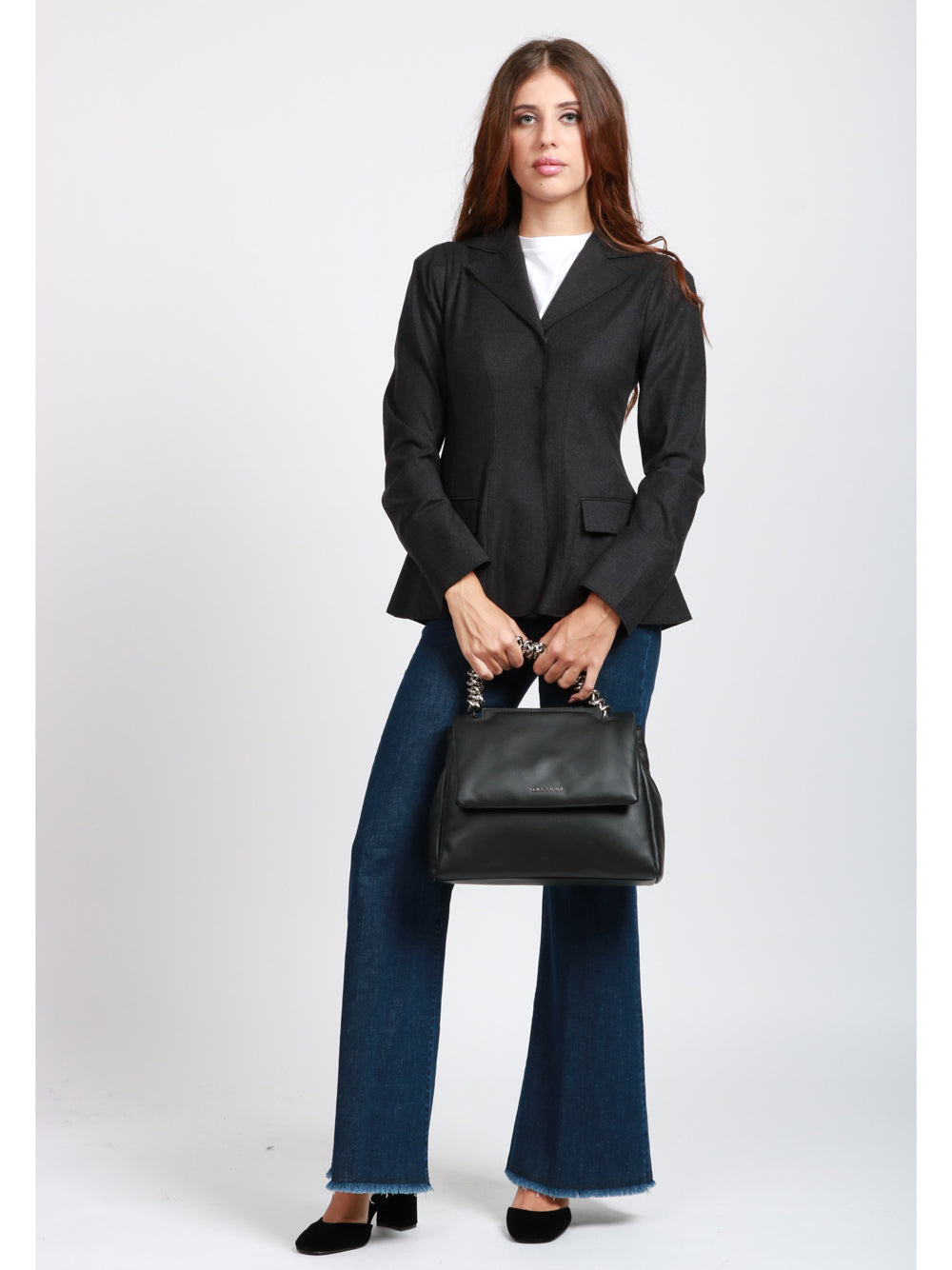 ORCIANI Borsa a Mano Sveva Bold Media in Pelle Nera con Tracolla Nero