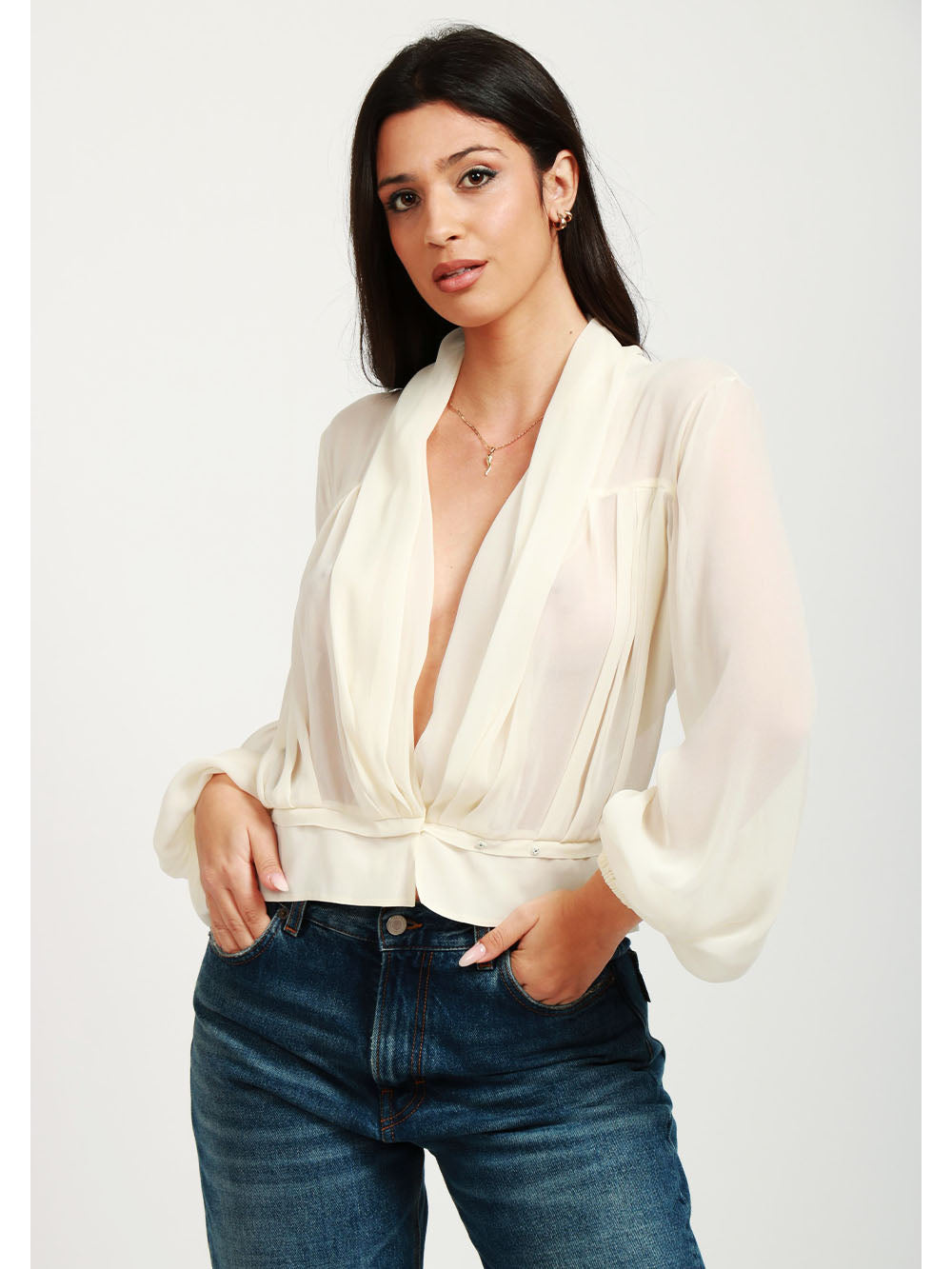 PHILOSOPHY DI LORENZO SERAFINI Blusa Cache Coeur in Gerogette Misto Seta Avorio Avorio