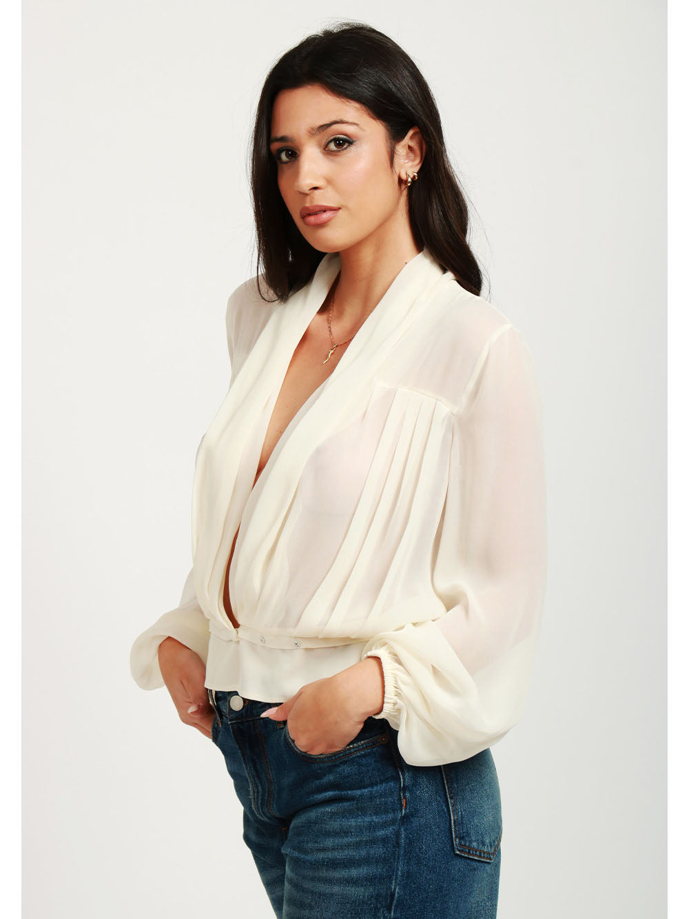 PHILOSOPHY DI LORENZO SERAFINI Blusa Cache Coeur in Gerogette Misto Seta Avorio Avorio