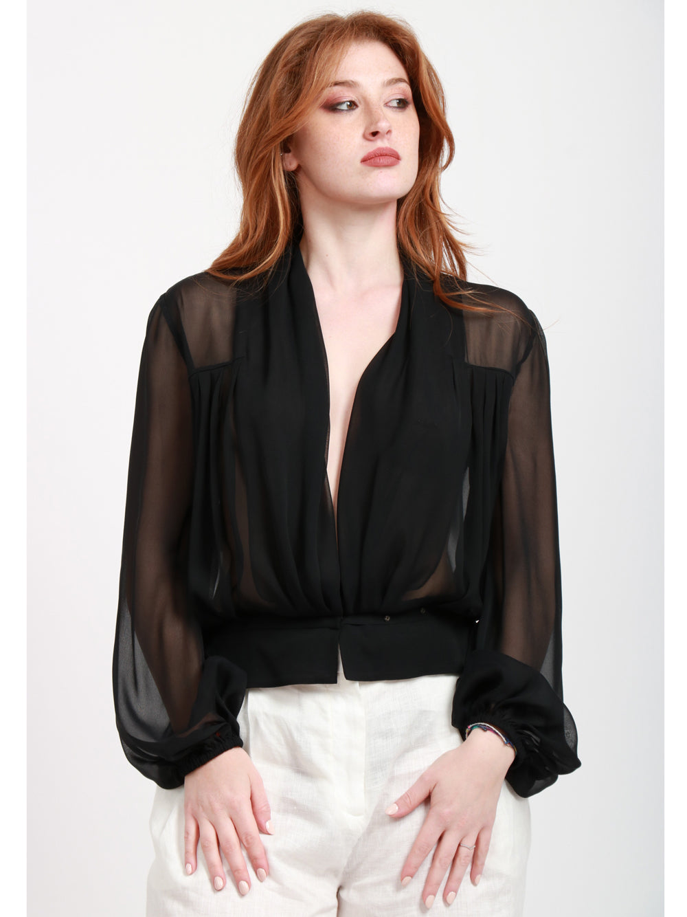 PHILOSOPHY DI LORENZO SERAFINI Blusa Cache Coeur in Gerogette Misto Seta Nera Nero