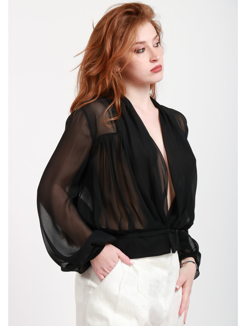 PHILOSOPHY DI LORENZO SERAFINI Blusa Cache Coeur in Gerogette Misto Seta Nera Nero