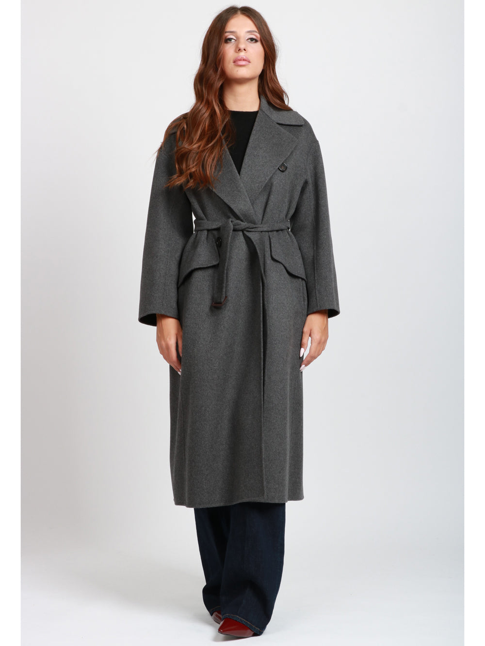 S MAXMARA Cappotto Alice Doppiopetto in Lana Vergine Grigio con Fusciacca Grigio