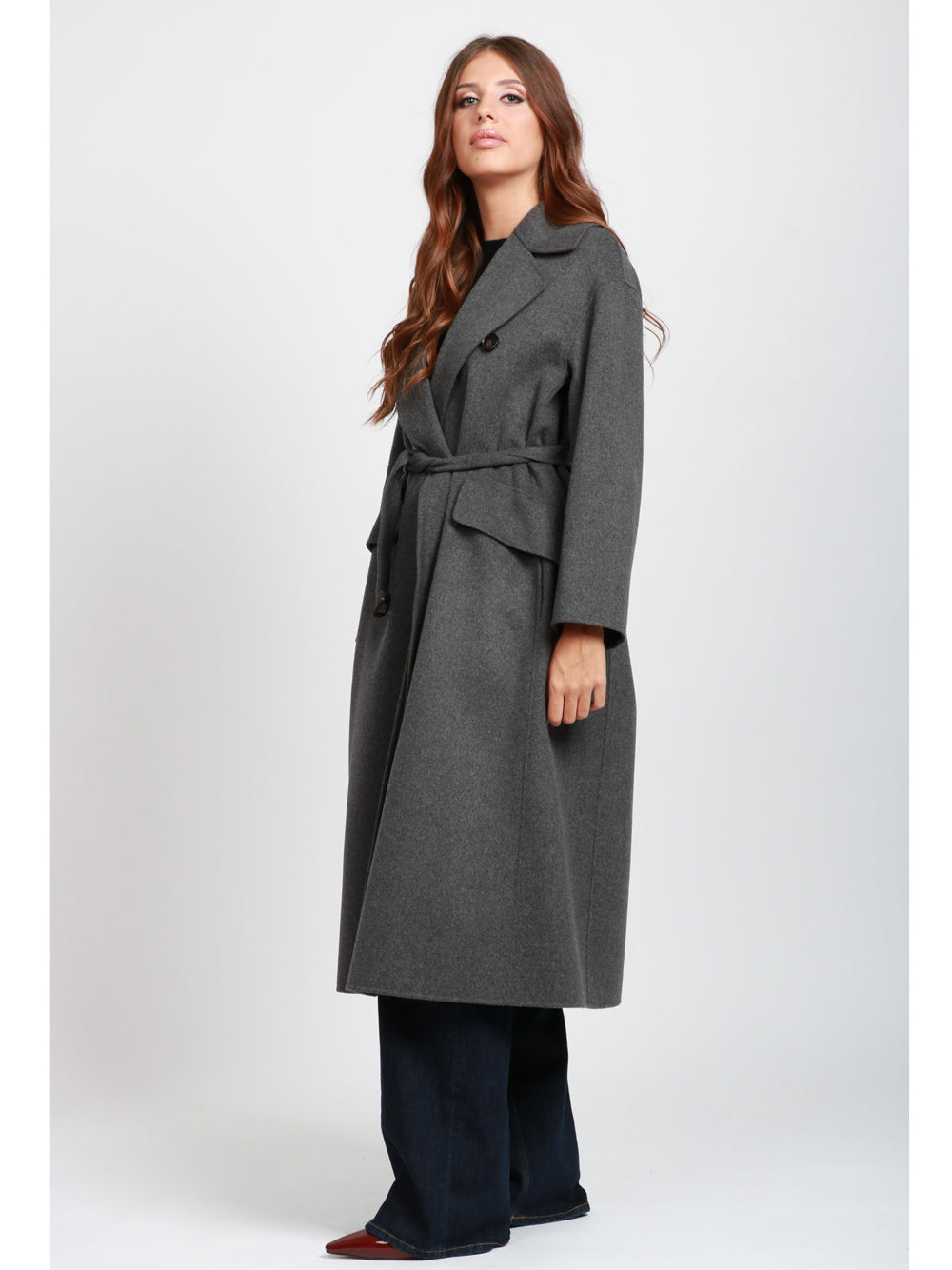 S MAXMARA Cappotto Alice Doppiopetto in Lana Vergine Grigio con Fusciacca Grigio