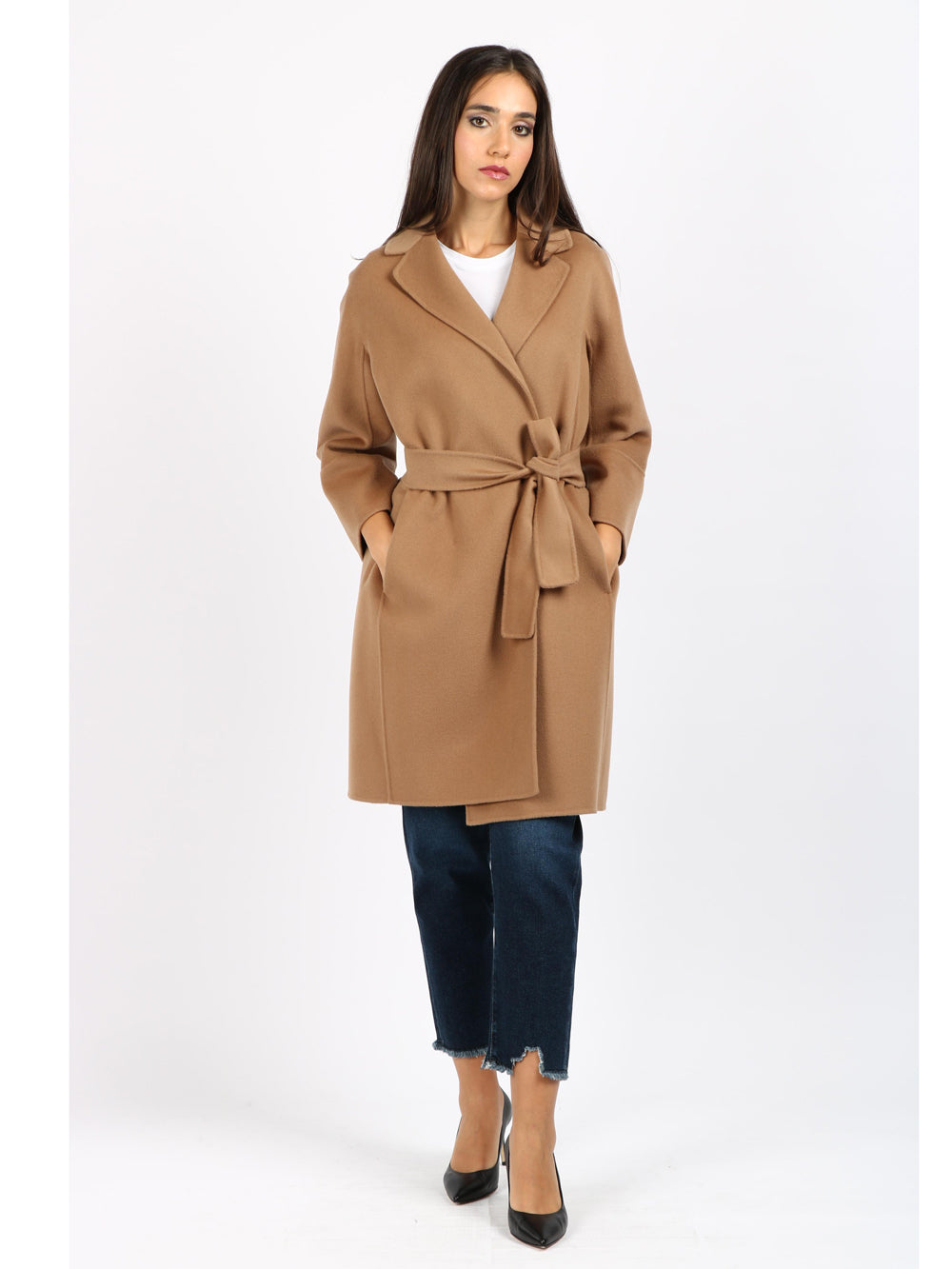 S MAXMARA Cappotto Arona a Vestaglia in Lana Vergine Cammello Camel