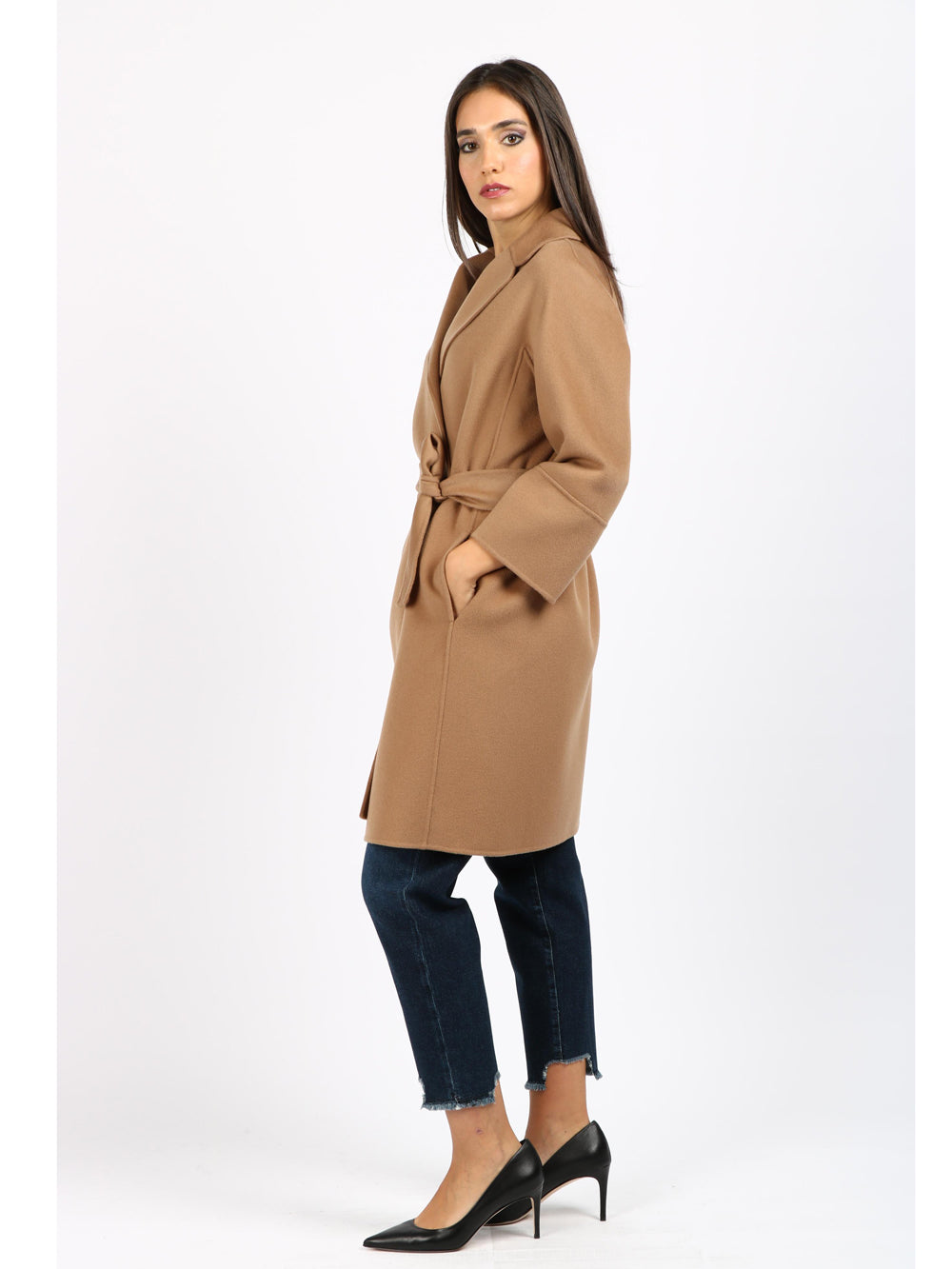 S MAXMARA Cappotto Arona a Vestaglia in Lana Vergine Cammello Camel
