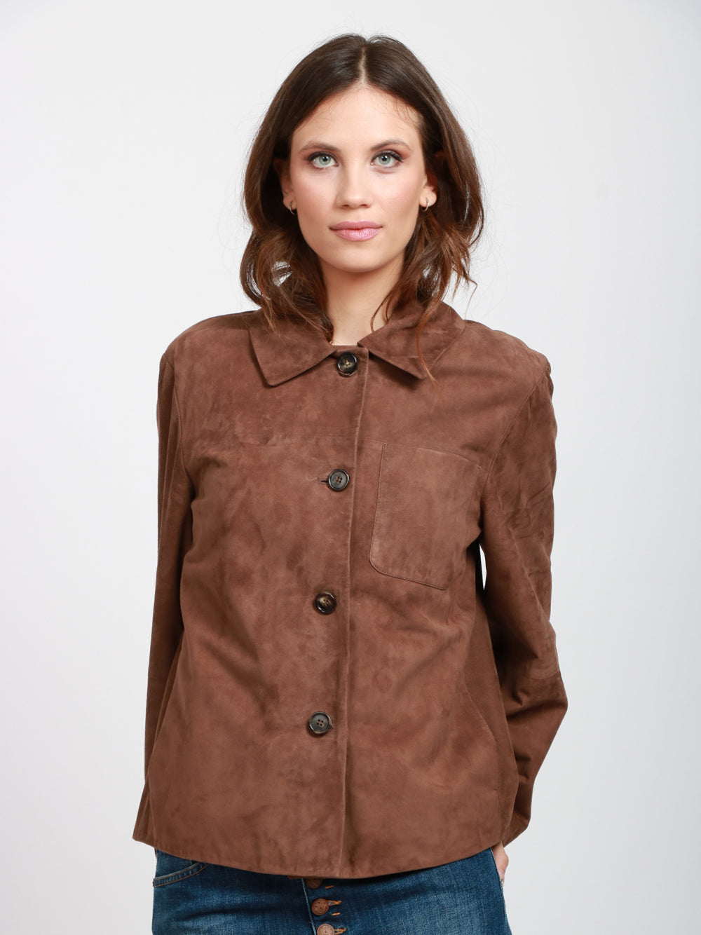 S MAXMARA Giacca Cloe modello Camicia in Pelle Suede Marrone Bruciato Bruciato