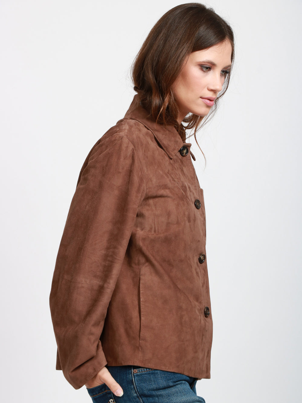S MAXMARA Giacca Cloe modello Camicia in Pelle Suede Marrone Bruciato Bruciato