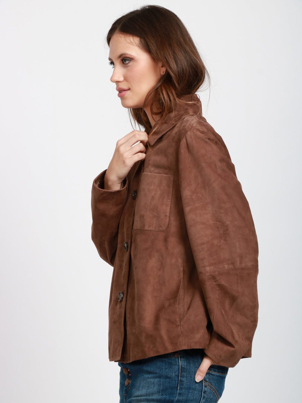S MAXMARA Giacca Cloe modello Camicia in Pelle Suede Marrone Bruciato Bruciato
