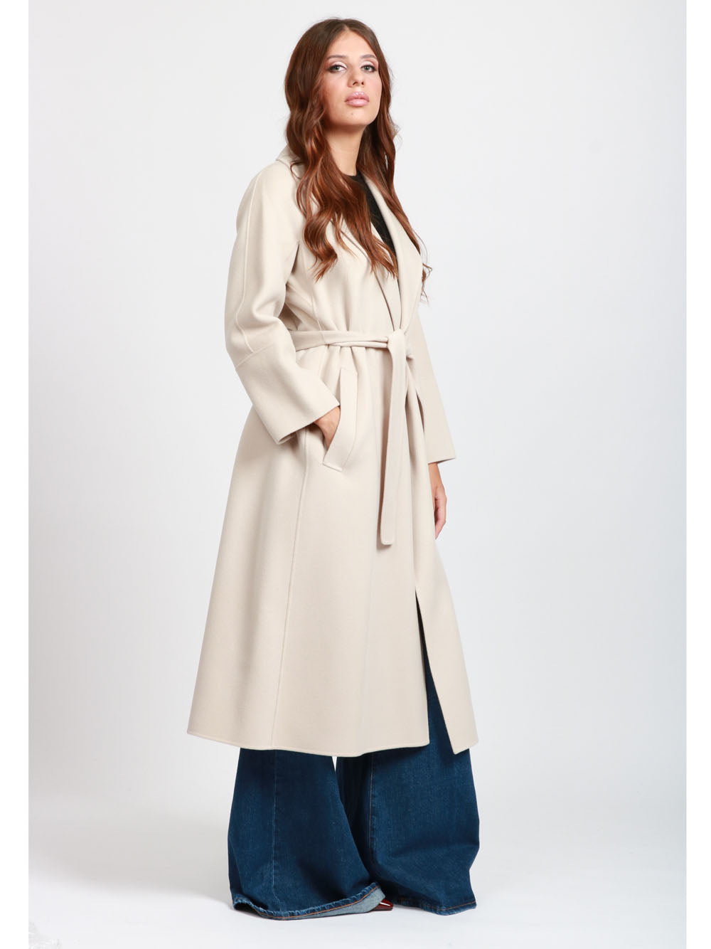 S MAXMARA Cappotto Elisa a Vestaglia Lungo in Lana Vergine Gesso Gesso