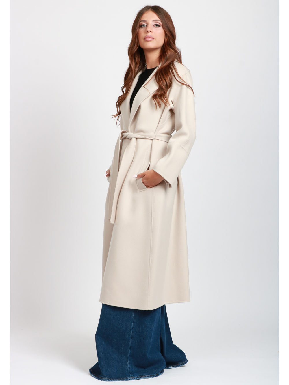 S MAXMARA Cappotto Elisa a Vestaglia Lungo in Lana Vergine Gesso Gesso