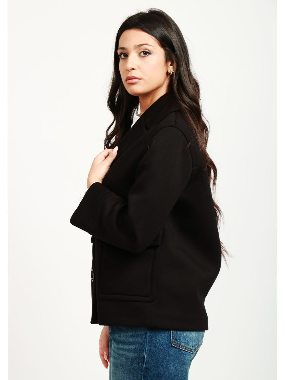 S MAXMARA Caban Estroso Monopetto in Neoprene Nero Nero