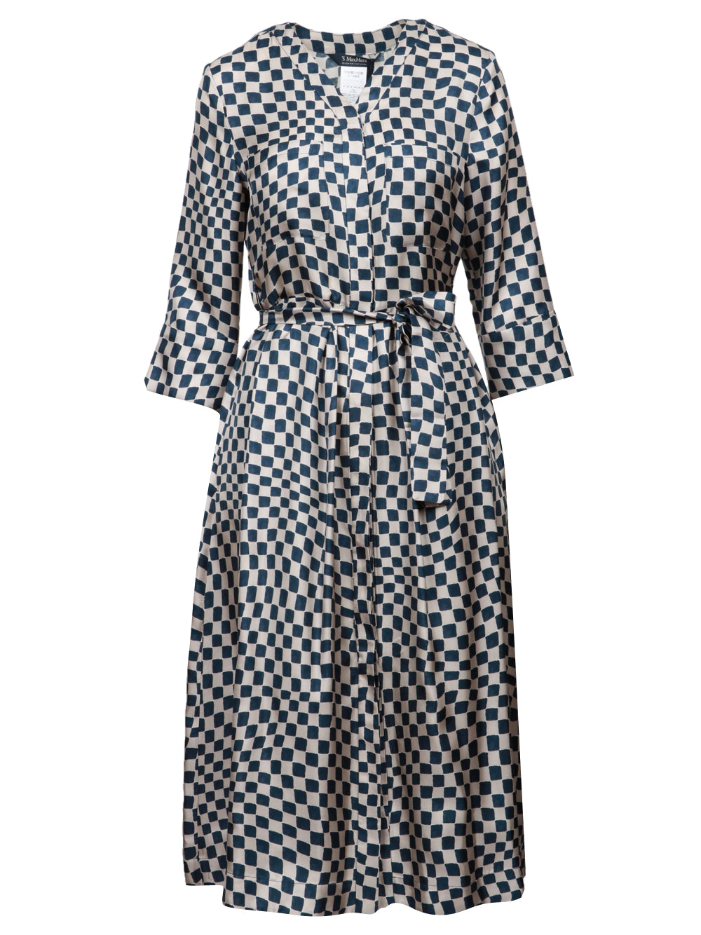 S MAXMARA Vestito Giada Chemisier in Seta con Stampa Optical Grigio Perla e Blu Blu/grigio