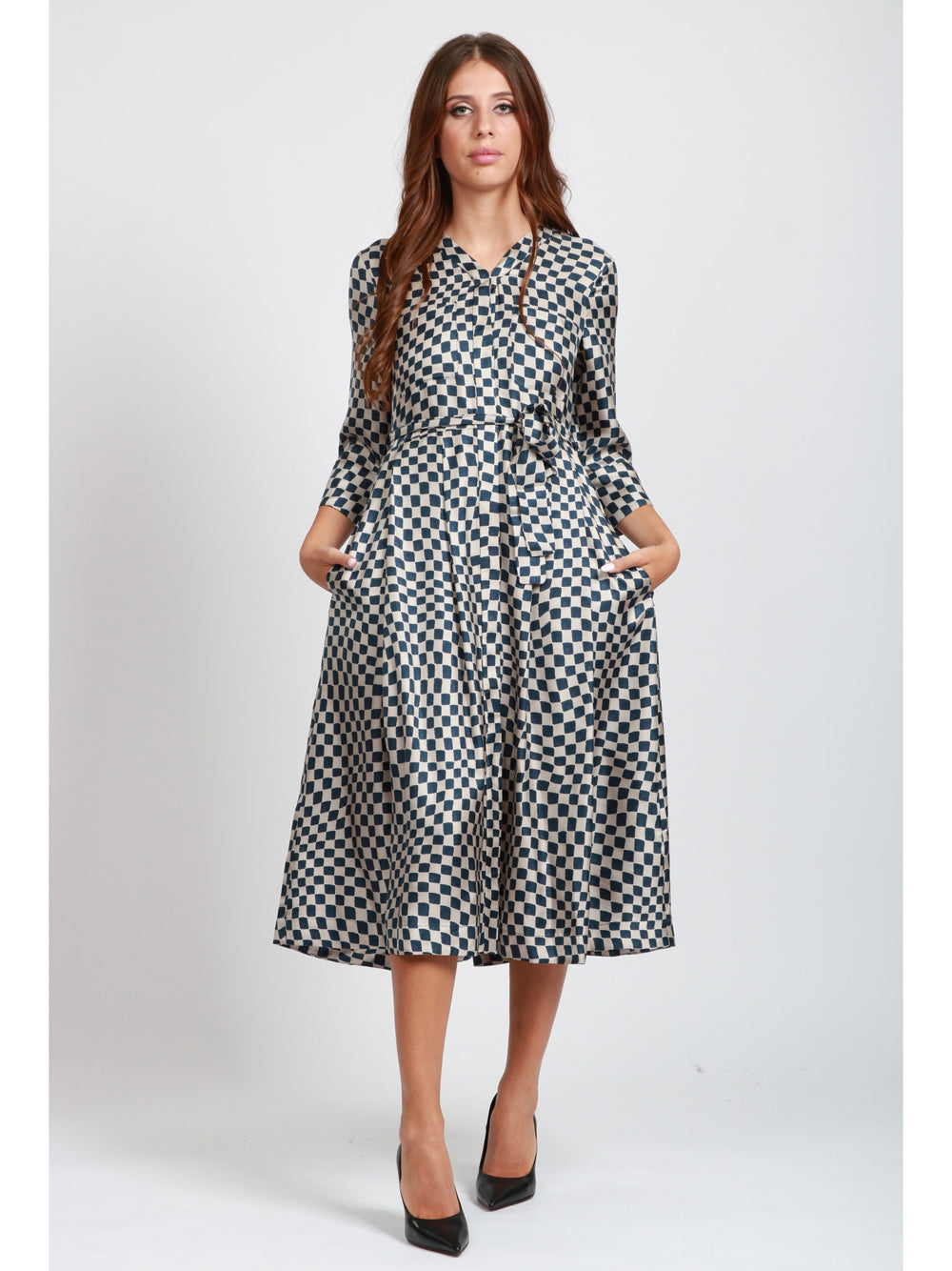 S MAXMARA Vestito Giada Chemisier in Seta con Stampa Optical Grigio Perla e Blu Blu/grigio