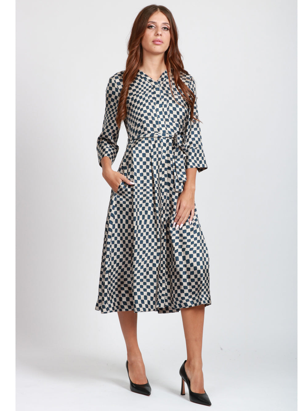 S MAXMARA Vestito Giada Chemisier in Seta con Stampa Optical Grigio Perla e Blu Blu/grigio