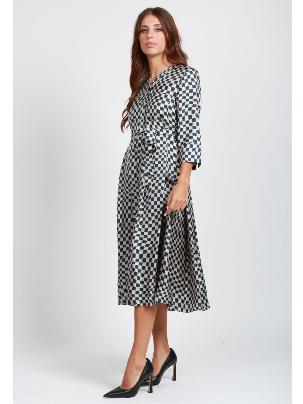 S MAXMARA Vestito Giada Chemisier in Seta con Stampa Optical Grigio Perla e Blu Blu/grigio