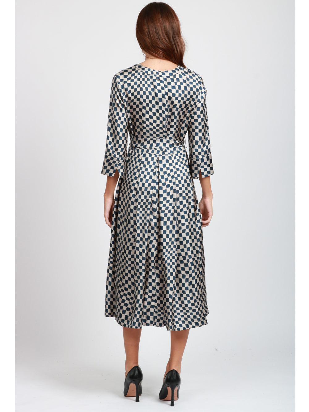 S MAXMARA Vestito Giada Chemisier in Seta con Stampa Optical Grigio Perla e Blu Blu/grigio