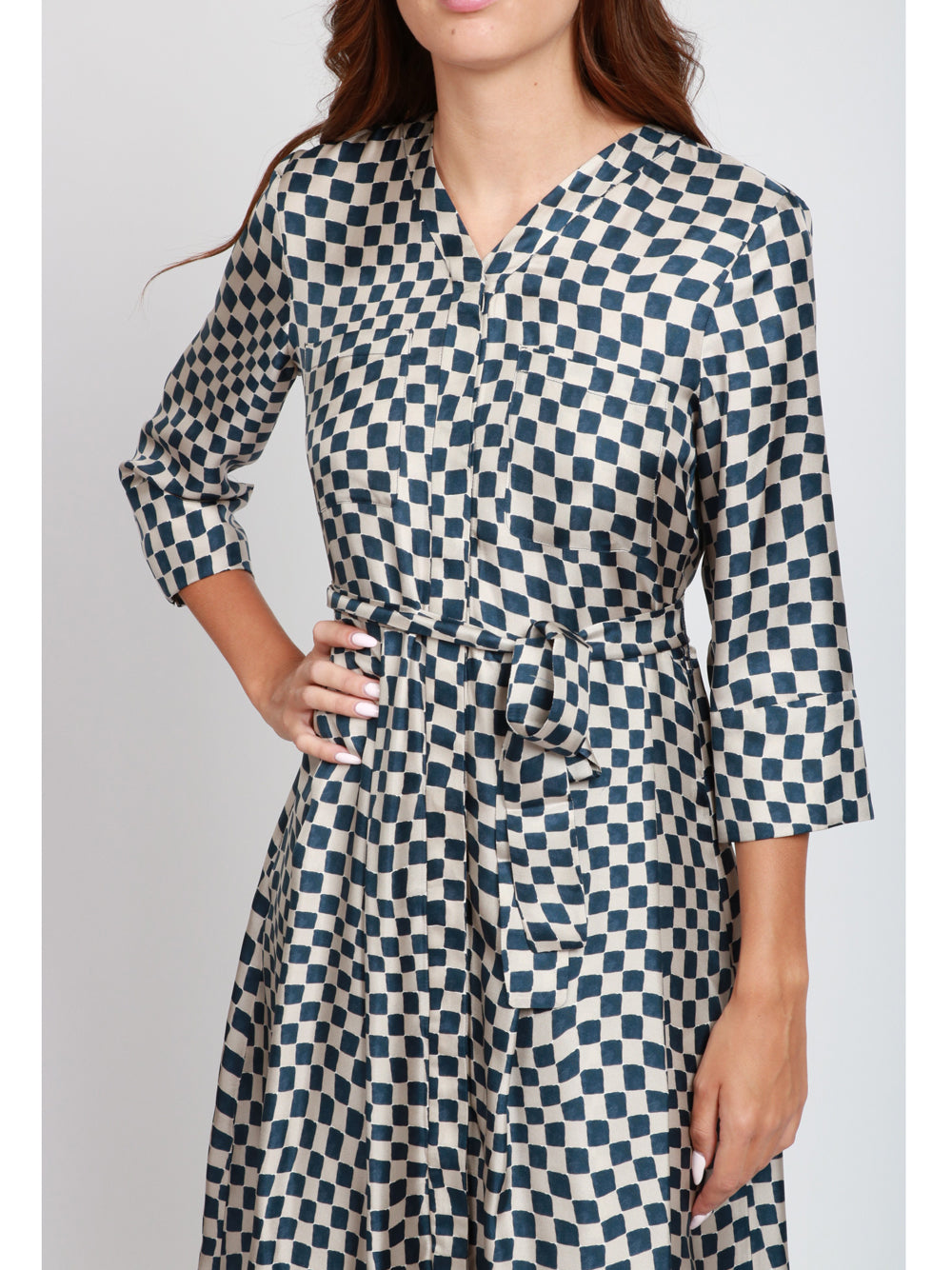 S MAXMARA Vestito Giada Chemisier in Seta con Stampa Optical Grigio Perla e Blu Blu/grigio