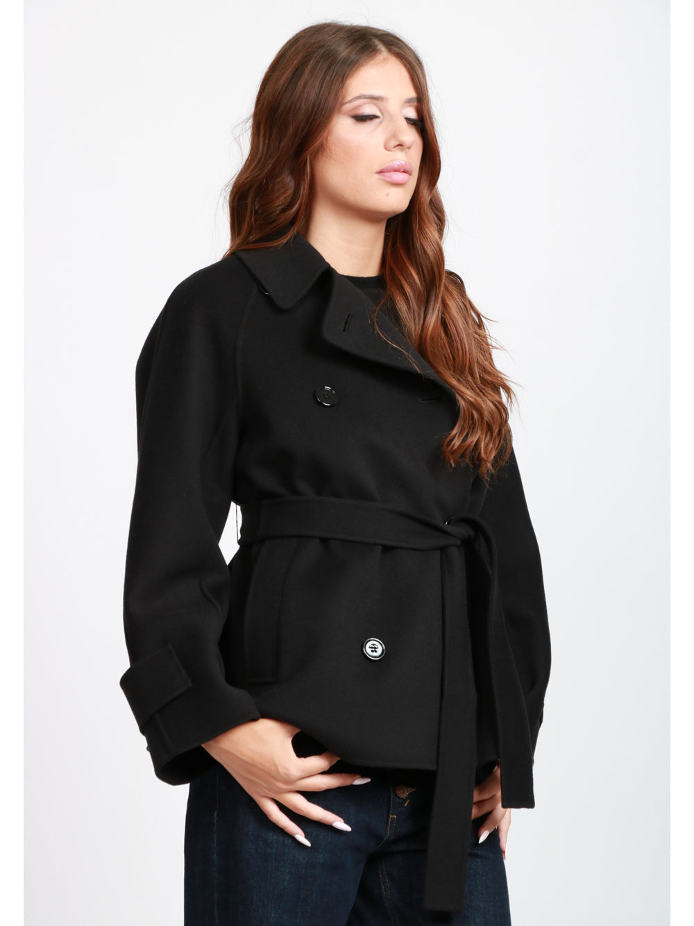 S MAXMARA Caban Louis in Lana Doppiopetto con Cintura Nero Nero