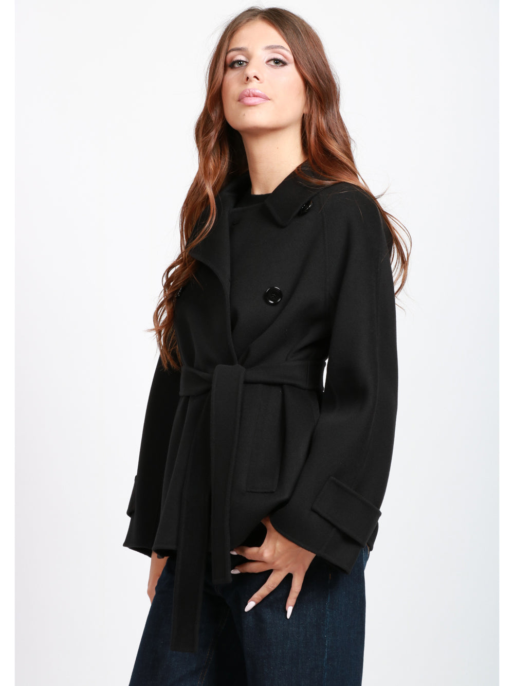 S MAXMARA Caban Louis in Lana Doppiopetto con Cintura Nero Nero
