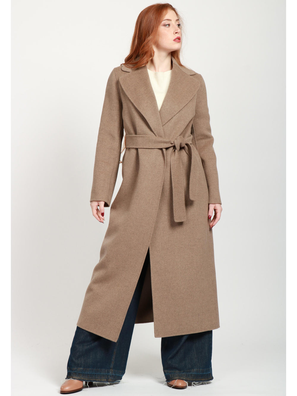 S MAXMARA Cappotto Poldo a Vestaglia Lungo in Lana Vergine Fango Fango