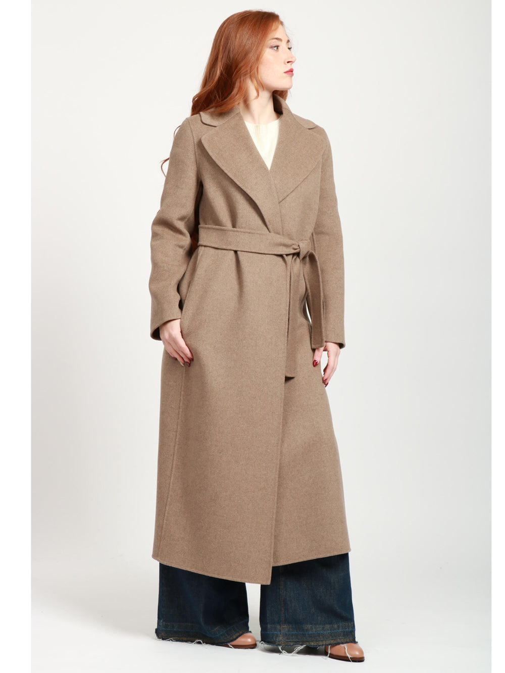 S MAXMARA Cappotto Poldo a Vestaglia Lungo in Lana Vergine Fango Fango