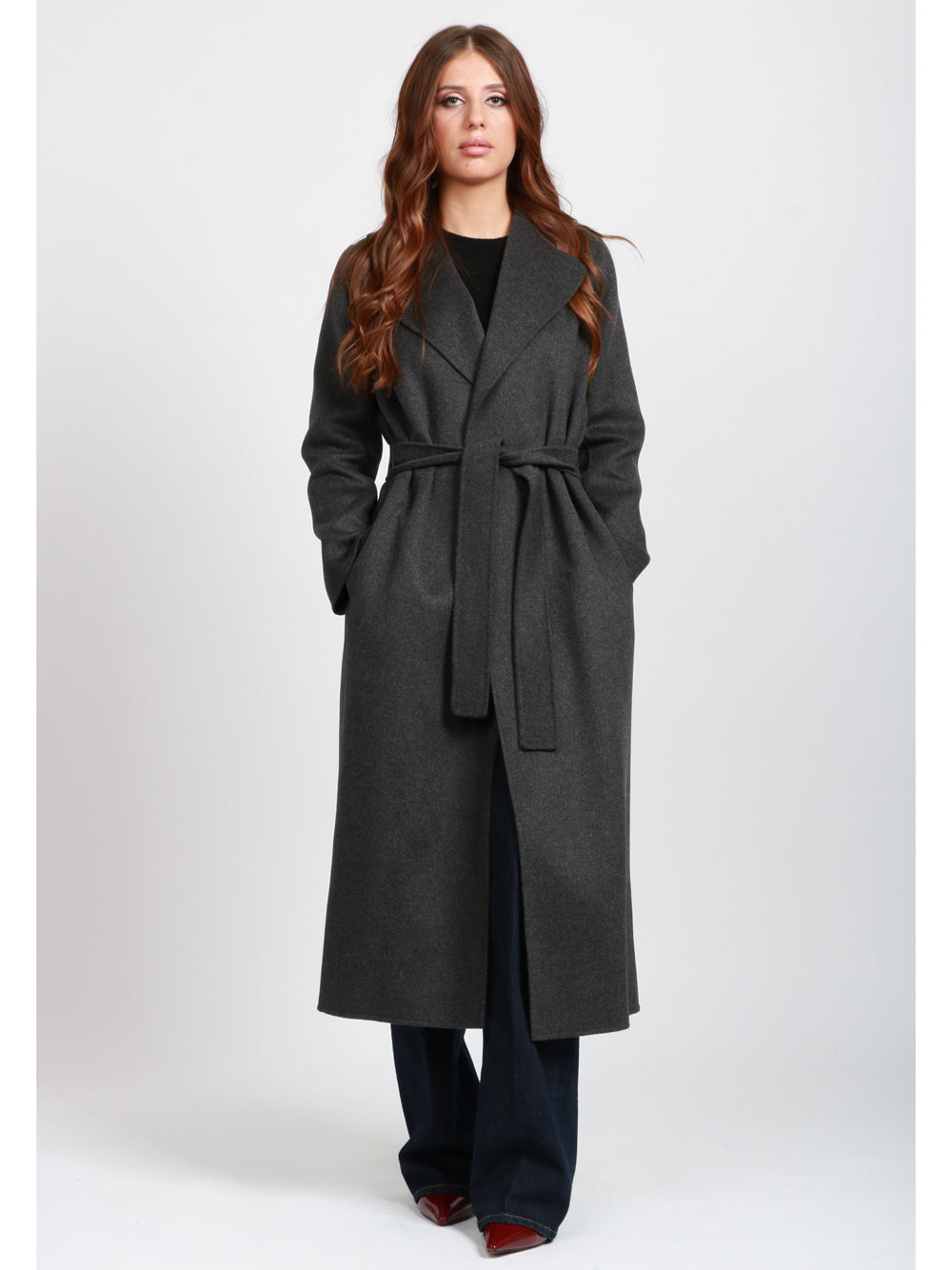 S MAXMARA Cappotto Poldo a Vestaglia Lungo in Lana Vergine Grigio Antracite