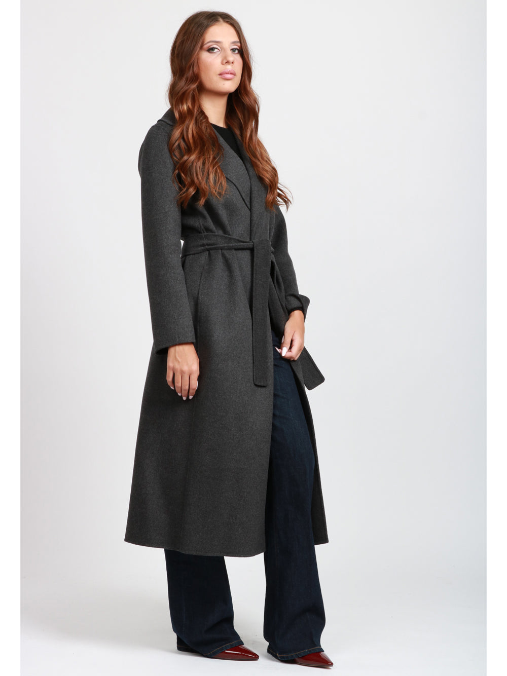 S MAXMARA Cappotto Poldo a Vestaglia Lungo in Lana Vergine Grigio Antracite