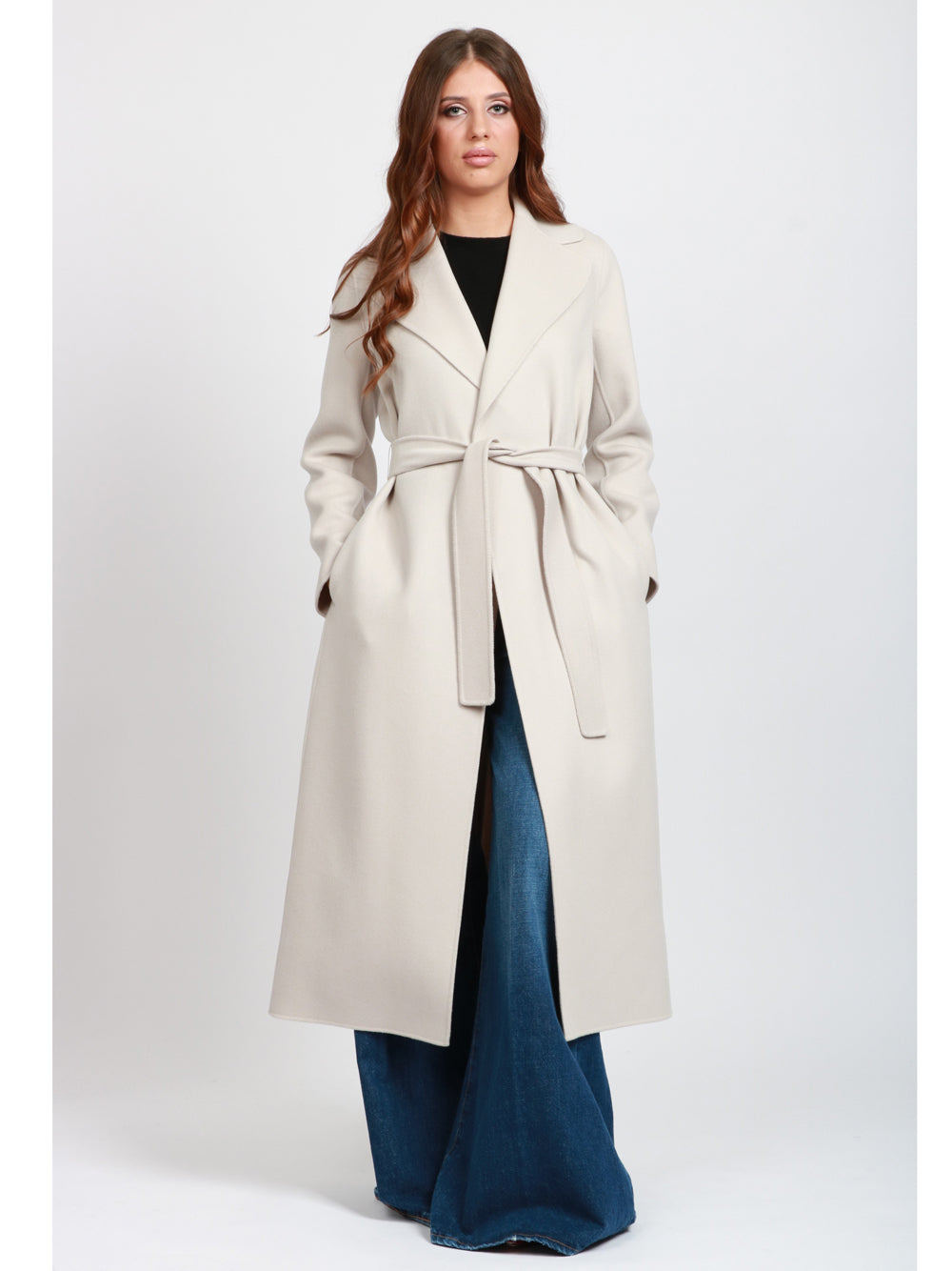 S MAXMARA Cappotto Poldo a Vestaglia Lungo in Lana Vergine Ghiaccio Ghiaccio