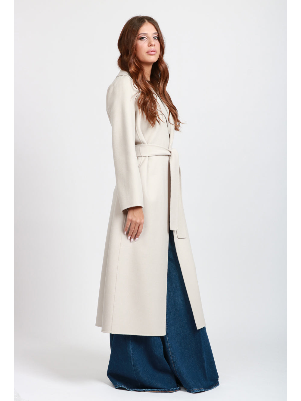 S MAXMARA Cappotto Poldo a Vestaglia Lungo in Lana Vergine Ghiaccio Ghiaccio