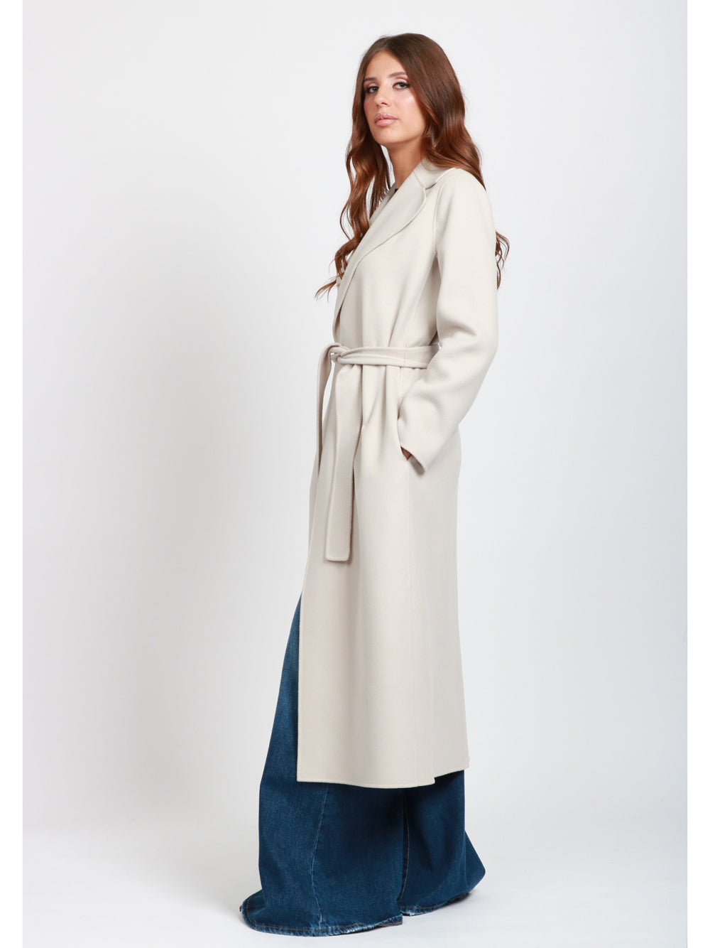 S MAXMARA Cappotto Poldo a Vestaglia Lungo in Lana Vergine Ghiaccio Ghiaccio