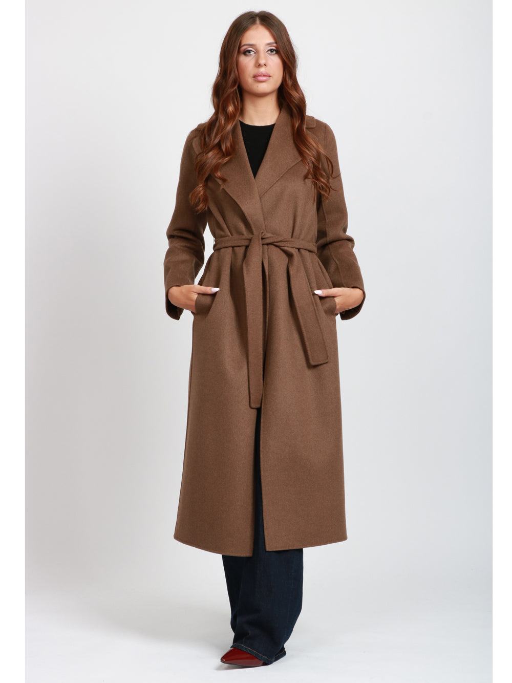 S MAXMARA Cappotto Poldo a Vestaglia Lungo in Lana Vergine Tabacco Tabacco