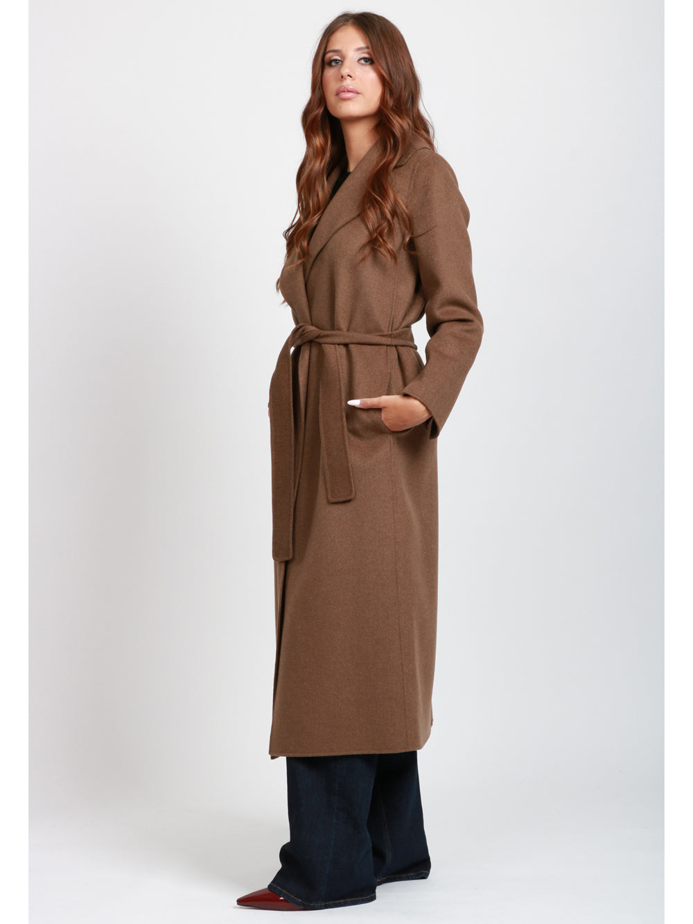 S MAXMARA Cappotto Poldo a Vestaglia Lungo in Lana Vergine Tabacco Tabacco