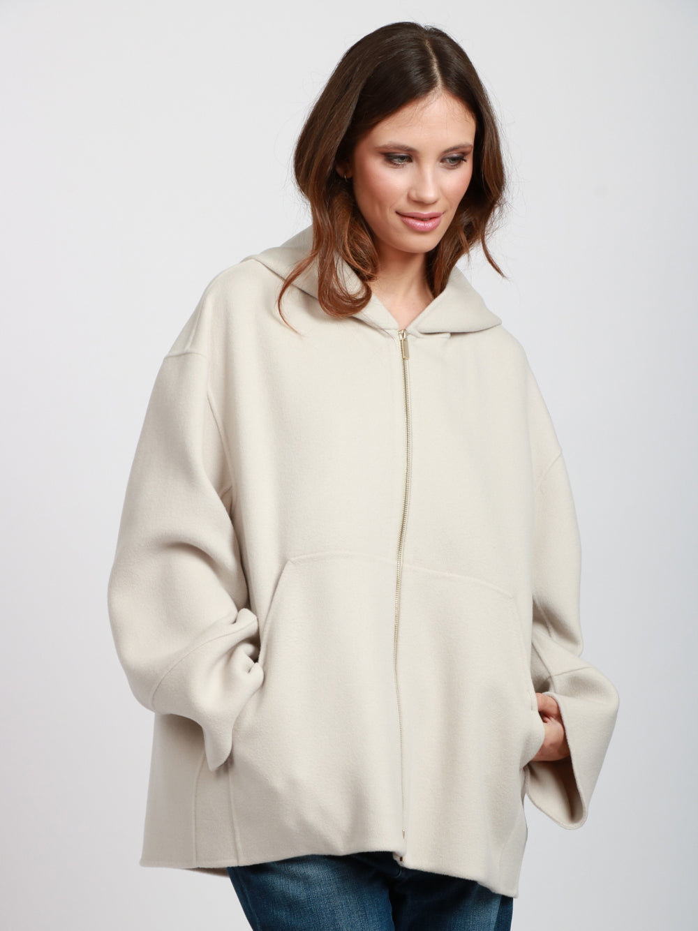 S MAXMARA Felpa Romina in Lana con Cappuccio e chiusur Zip Ghiaccio Ghiaccio
